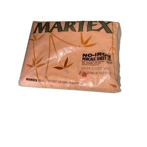 VTG NEW Martex QUEEN FITTED ONLY Orange Floral No Iron Percale Sheet USA